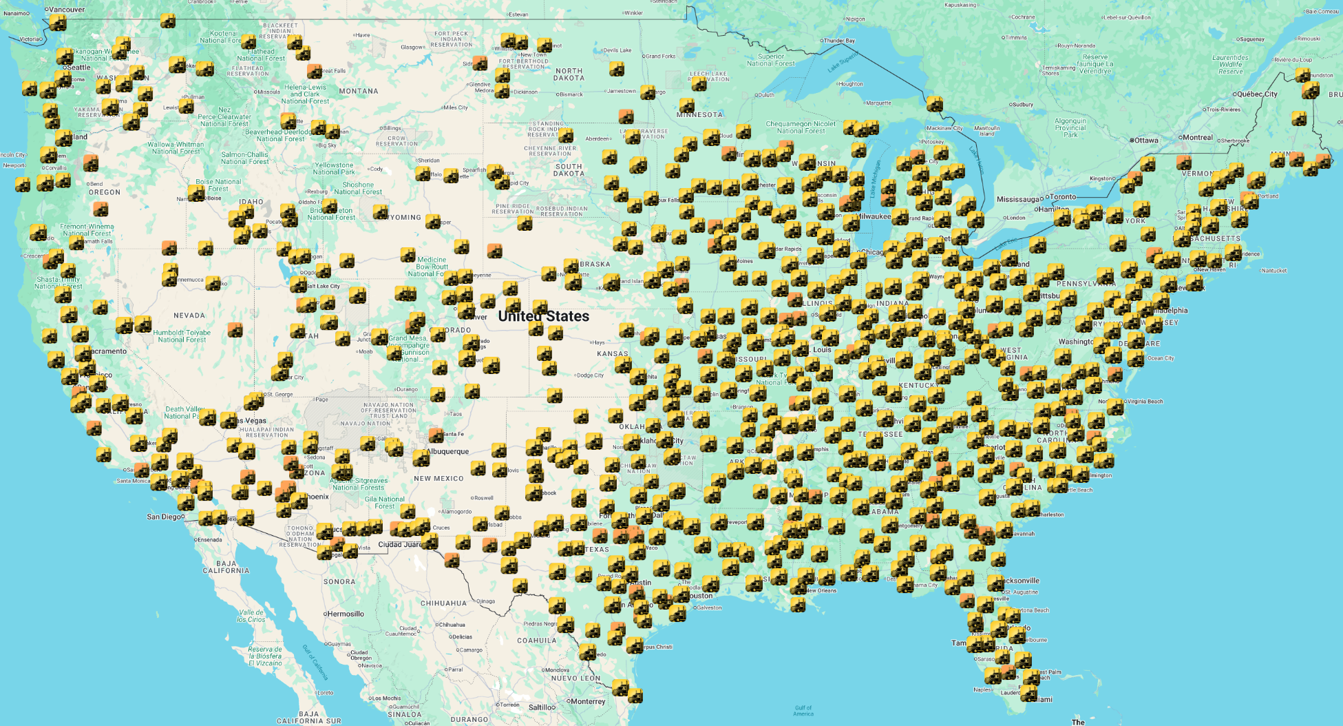 Truck Parking Club network map showing secure truck parking locations across the United States